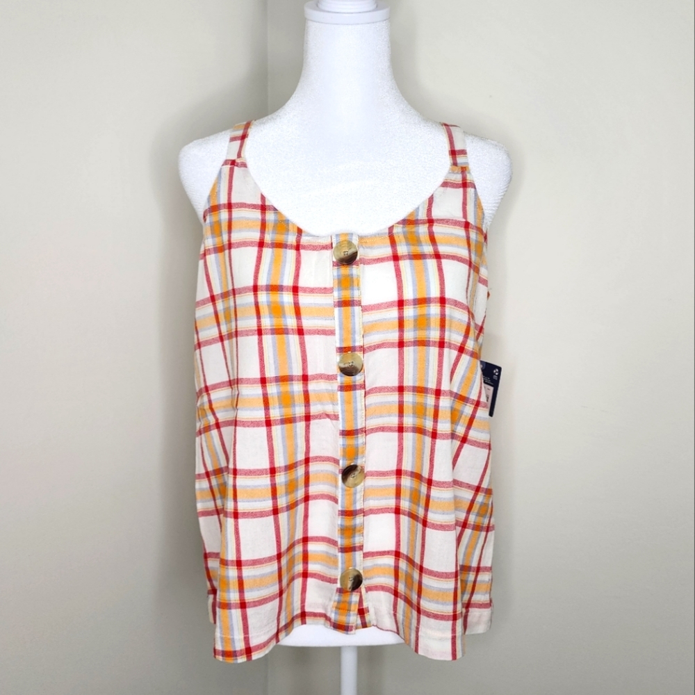 Arizona Co. Orange & Red Plaid Button Front Top Medium Summer Backyard BBQ